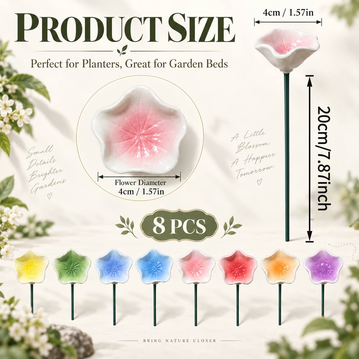 TEMU 8pcs Colorful Ceramic Feeder Flower Stakes, Outdoor Watering Station, Bee Waterer Cups, Drinking Feeder, Ceramic Flower Garden Decor Stakes For