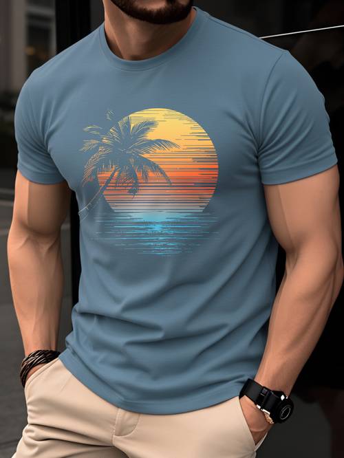 100% heren t-shirt, zomer korte mouw, fit, ronde hals, trendy en casual, stijlvol en veelzijdig voor jonge mannen, met een zonsondergang palmboom print ontwerp dat modieus, elegant, en leuk is