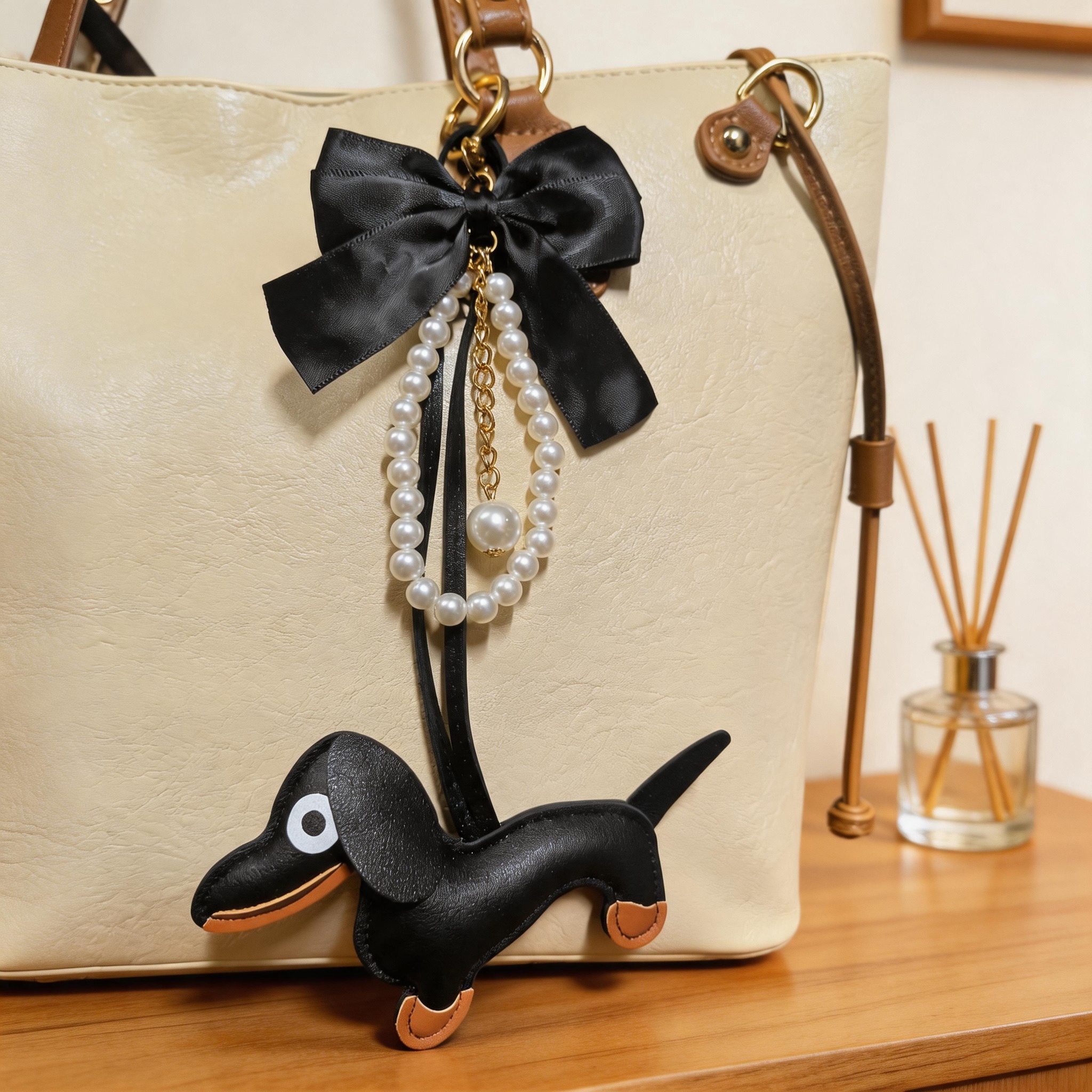 PU Dachshund Dog Bag Charm with Satin Bow