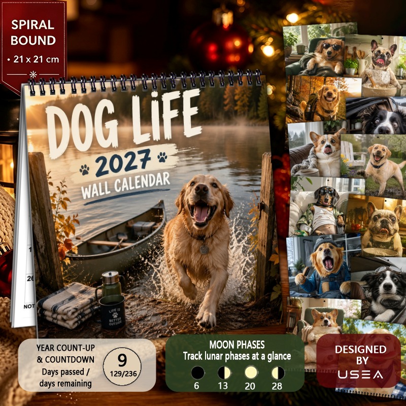 アイテム画像   犬がテーマの壁掛けカレンダー 2027年 - 12ヶ月プランナー ツインワイヤー 綴じ、月の満ち欠け＆月間習慣トラッカー付き | オフィス向け カレンダー | 月の満ち欠け 付き年間 、犬好きへのギフト