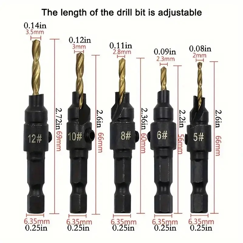 High-quality Versatile Hex Shank Premium Woodworking Countersink Drill Bit Set - With Sizes 5 6 8 10 12 And Included L-wrench