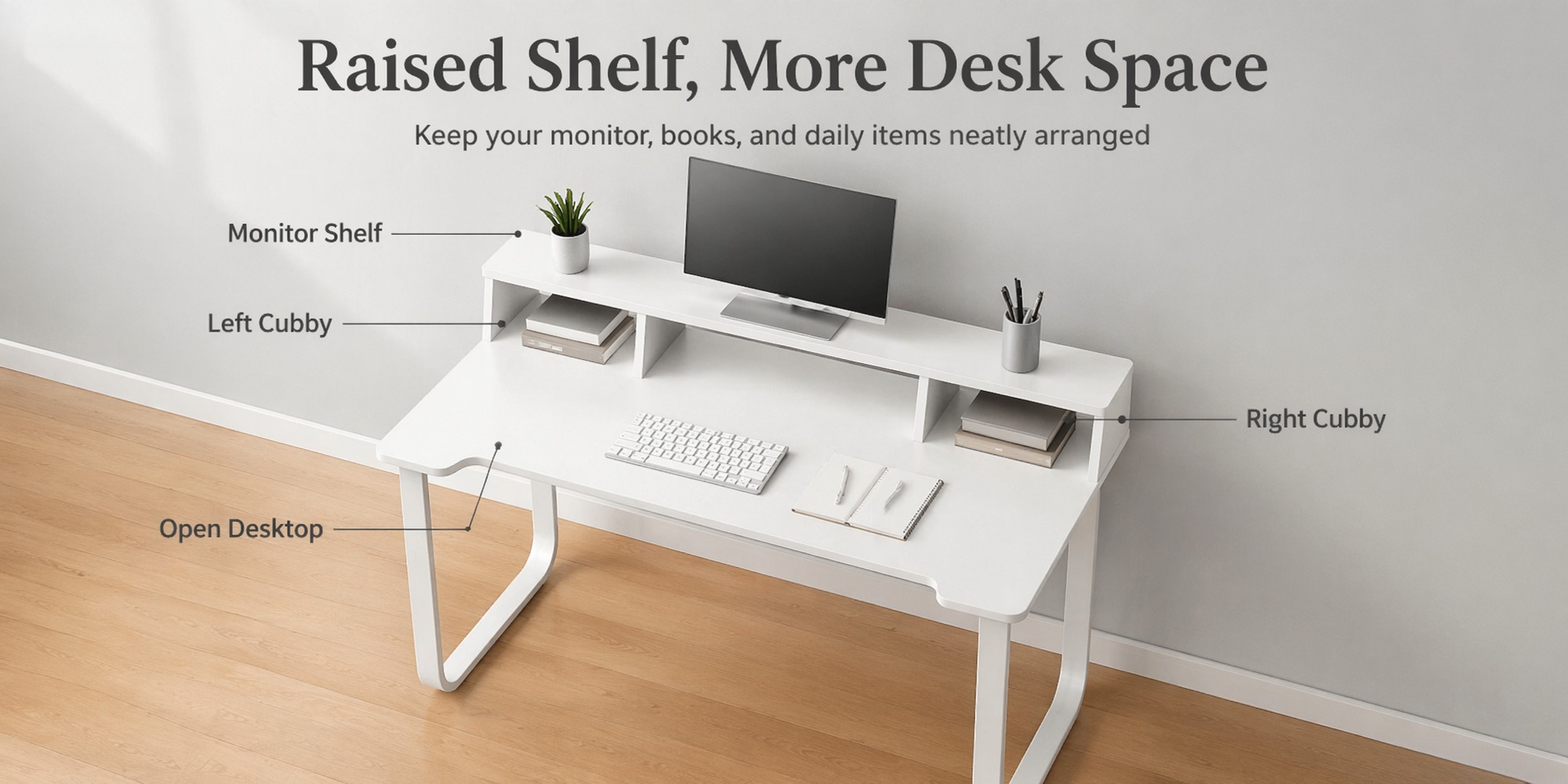 43' Computer Desk with Storage Shelf, Modern Writing Desk with Ergonomic Notch, Stable Steel Frame Workstation for Home Office, Study, Gaming, Quick Assembly, Supports 165 LBS