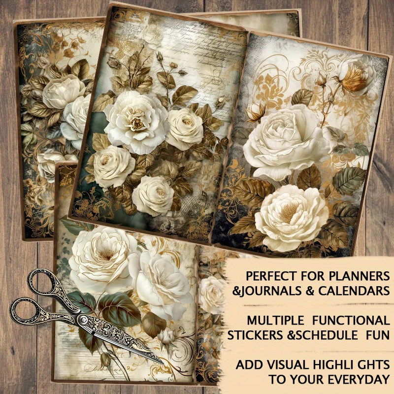 

20 autocollants en blanc à rose pour A6, design floral vintage, feuilles décoratives réutilisables pour scrapbooking, journaux, agendas, DIY, adaptés aux âges 14 et plus