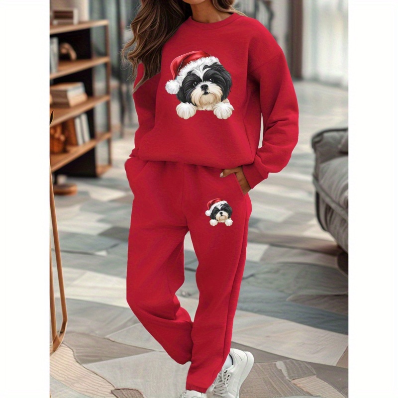 

1 Set Women's Casual Crew Neck Sweatshirt And Sweatpants With Geometric Shih Tzu Dog Pattern, Polyester Knit Fabric, Fall/winter Loungewear Set