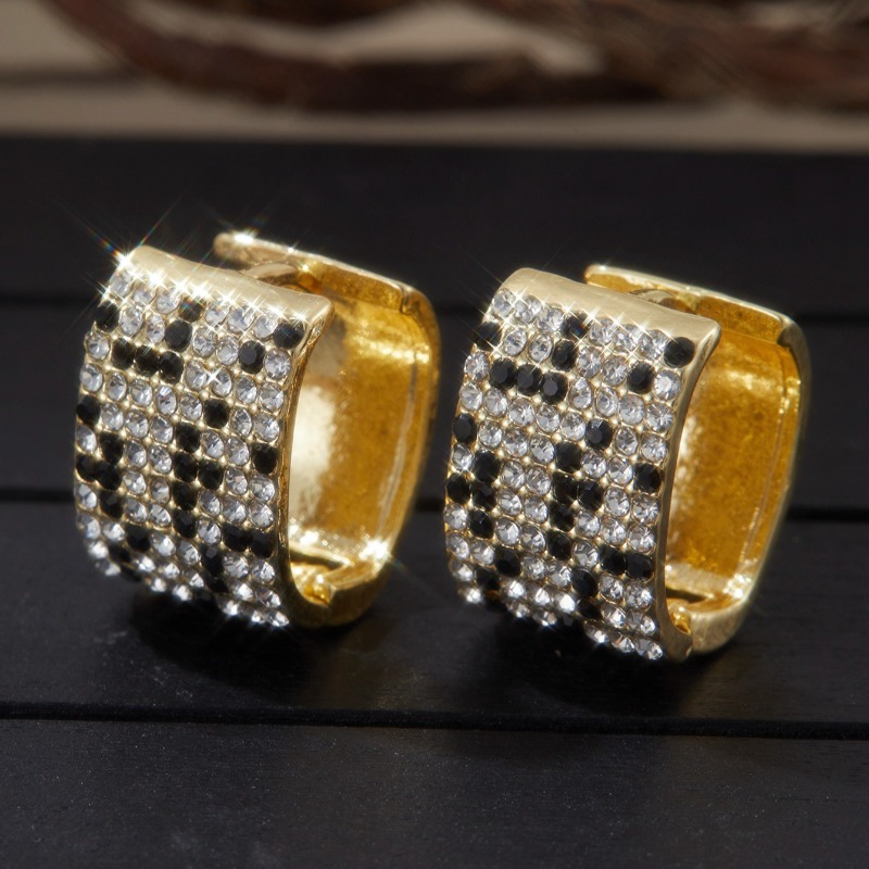 TEMU [Aretes de Aro Retro] Aretes de Aro Retro con Estampado de Leopardo | Micro-pavé de Circonita Sintética Negra y Circonita Sintética Cúbica,