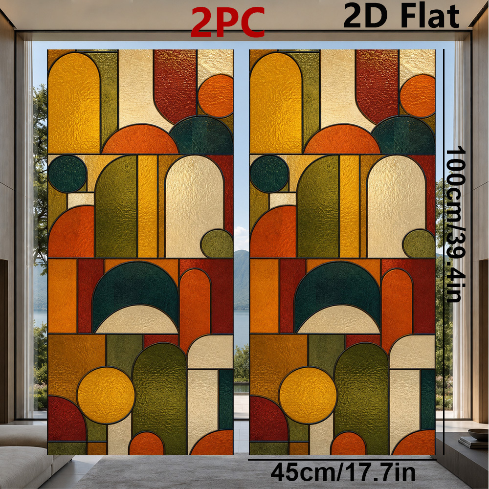 TEMU Retro Round Film, Orange Green Geometric Privacy Film, Soft Mosaic Window Stickers, Stained Glass Effect Window Film, Static Adsorption No Glue