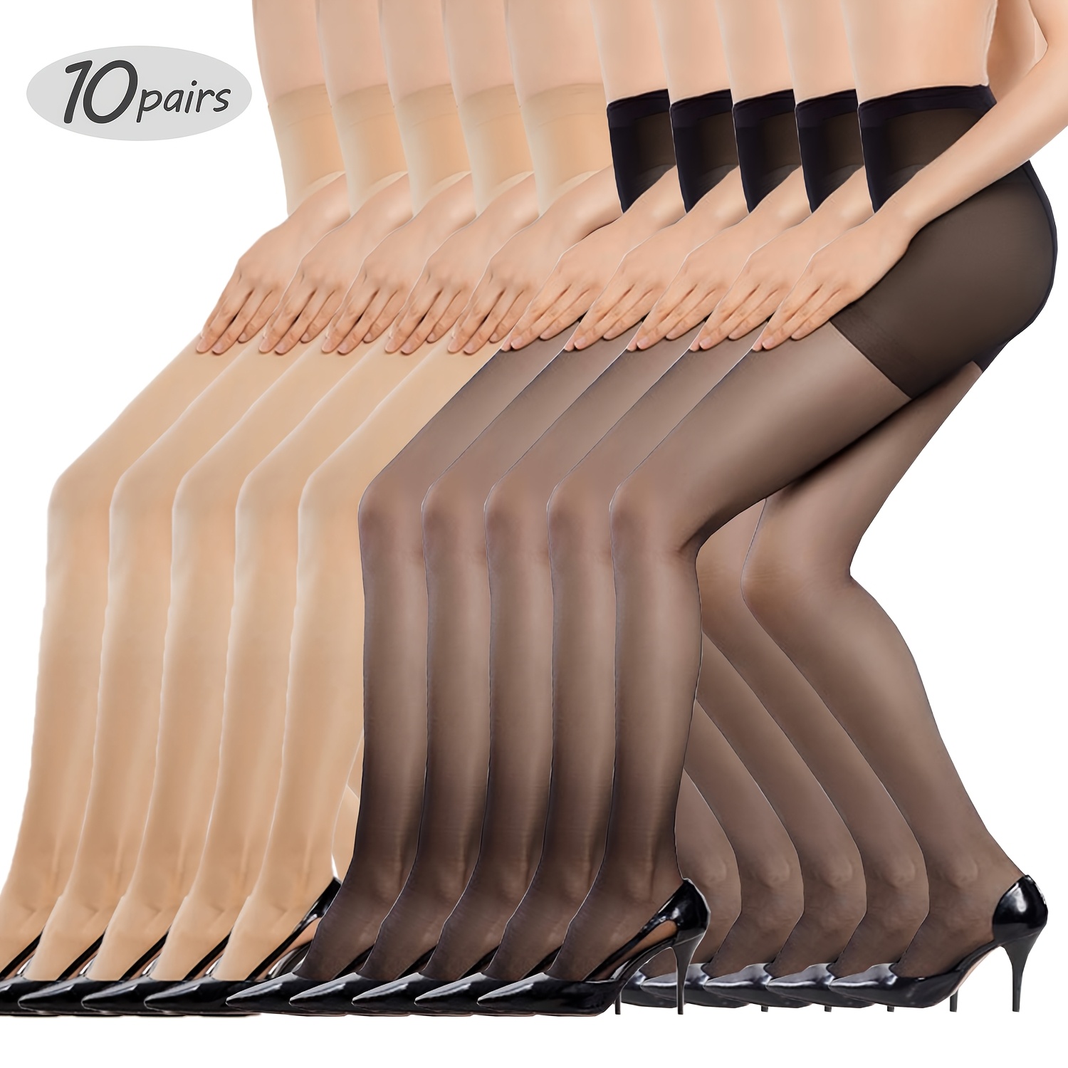 10 Pairs Of Spring And Waist Transparent Black Stockings, Ultra-thin Women's Pantyhose, Breathable And Soft, Suitable For Work, Commuting, Casual Daily Wear