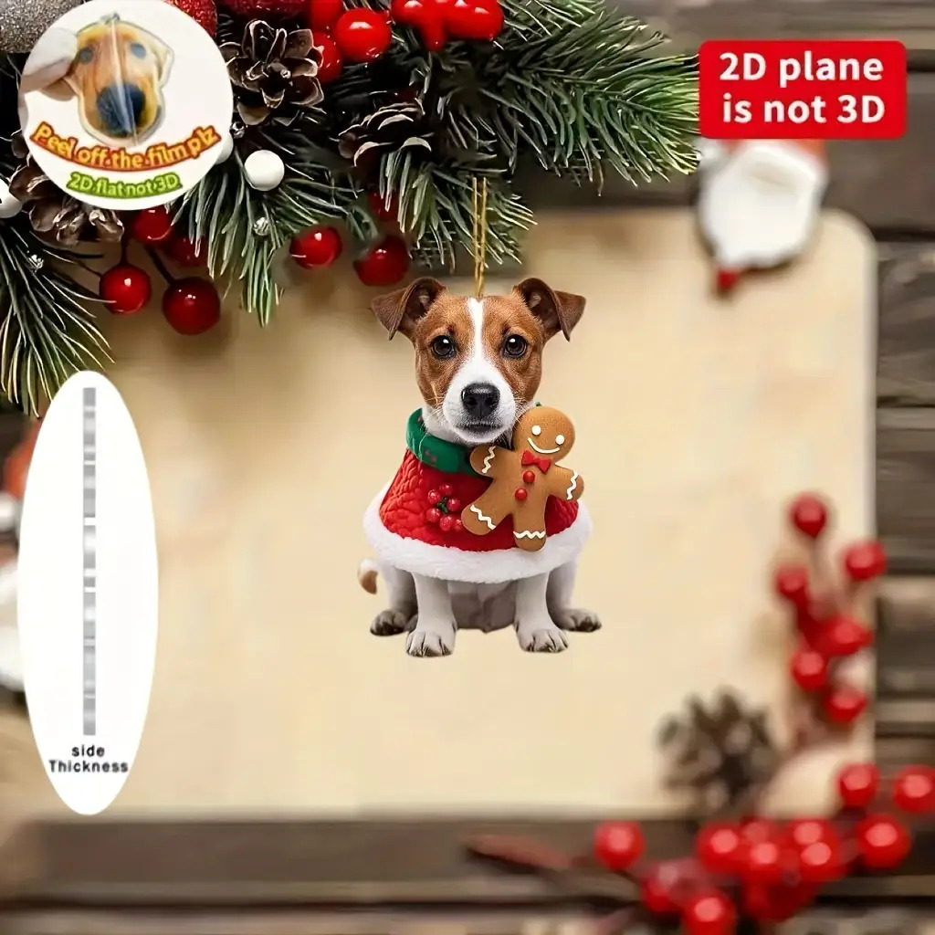 TEMU Tree Toppers 2d Flat, 1pc Cute Terrier Christmas Tree Ornament - 2d Flat Acrylic Hanging Decoration With Ginger Yellow And Brown Striped Collar,
