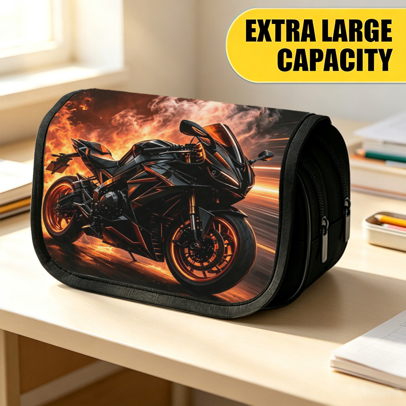 TEMU Trousse à crayons double couche grande taille, Pochette à crayons imprimée et avec motif de moto sportive à flamme de , Sac de rangement