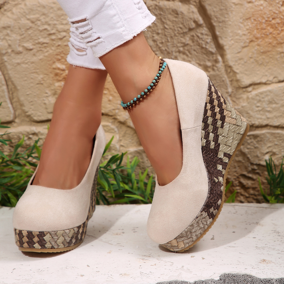 elegante damen keilabsatz pumps handgefertigt, geometrisches