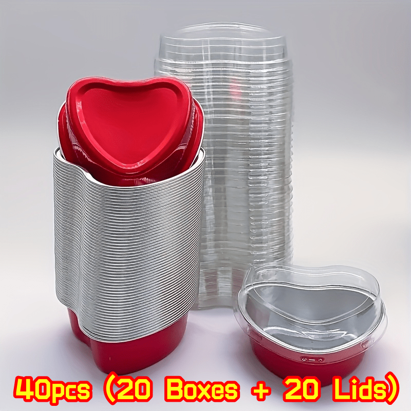 TEMU 40pcs(20 Boxes And 20 Lids) Heart-shaped Cake Cups With Lids, Heat-resistant Baking Molds, Suitable For Valentine's Day, Weddings, Mother's Day,