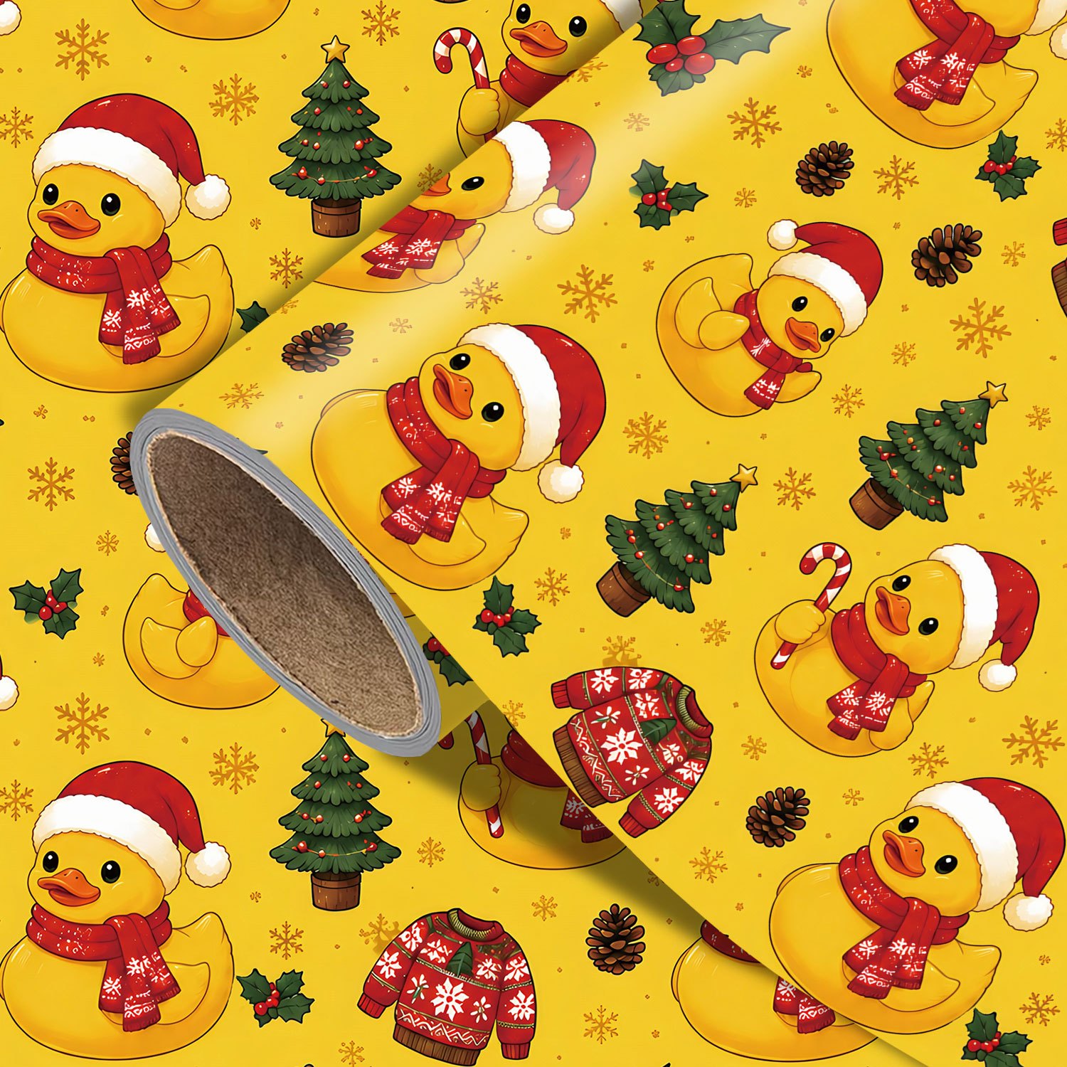 TEMU Rotolo di carta da regalo natalizia divertente - Misura 17.7 pollici X 118 pollici, stampa di papera di gomma, cappello da , sciarpa, natalizio