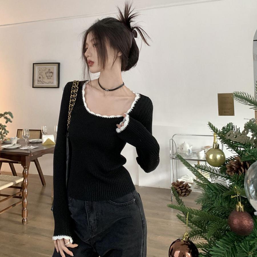 

Elegant Women's Knit Top - Long Sleeve Crew Neck Patchwork Ribbed Slim Fit Fall Sweater, Polyester