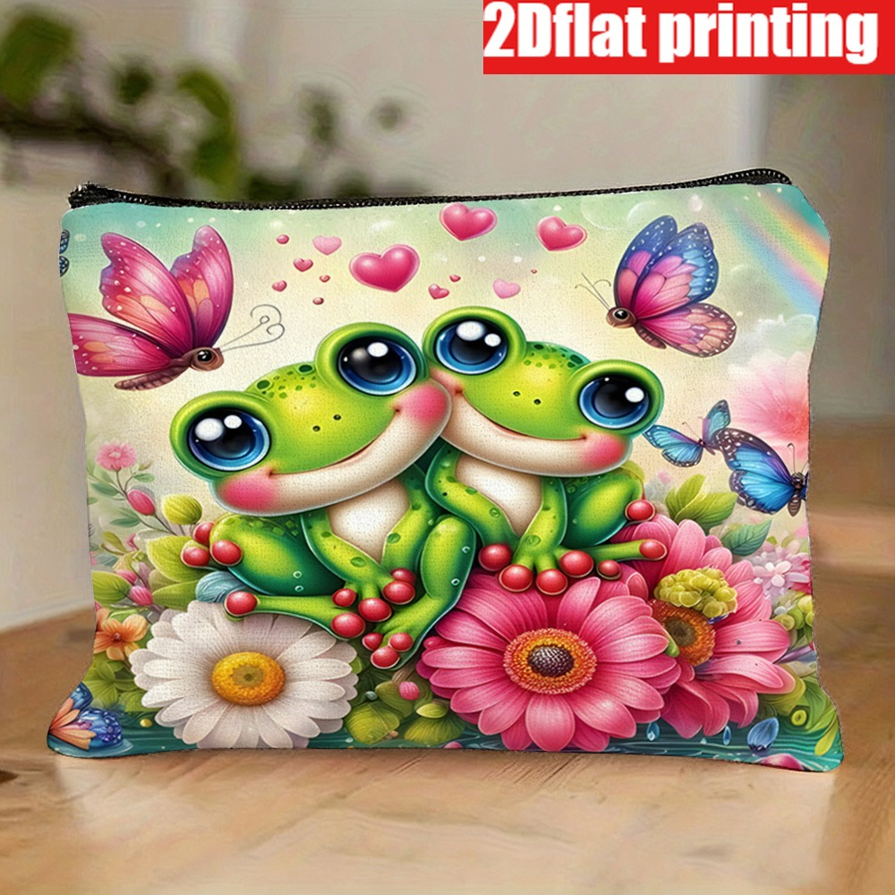 TEMU Neceser de maquillaje floral con rana de , 1 pieza, impresión 2D, material estampado por , diseño , con cierre de cremallera, neceser de viaje