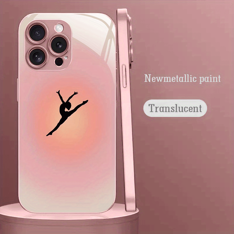 TEMU Phone Case: Silhouette Pattern Pink Metallic Paint Tempered Glass Hard Phone Case, Suitable For Iphone 16/16 Pro/16 Plus/16 Pro Max/ Pro/15 Pro