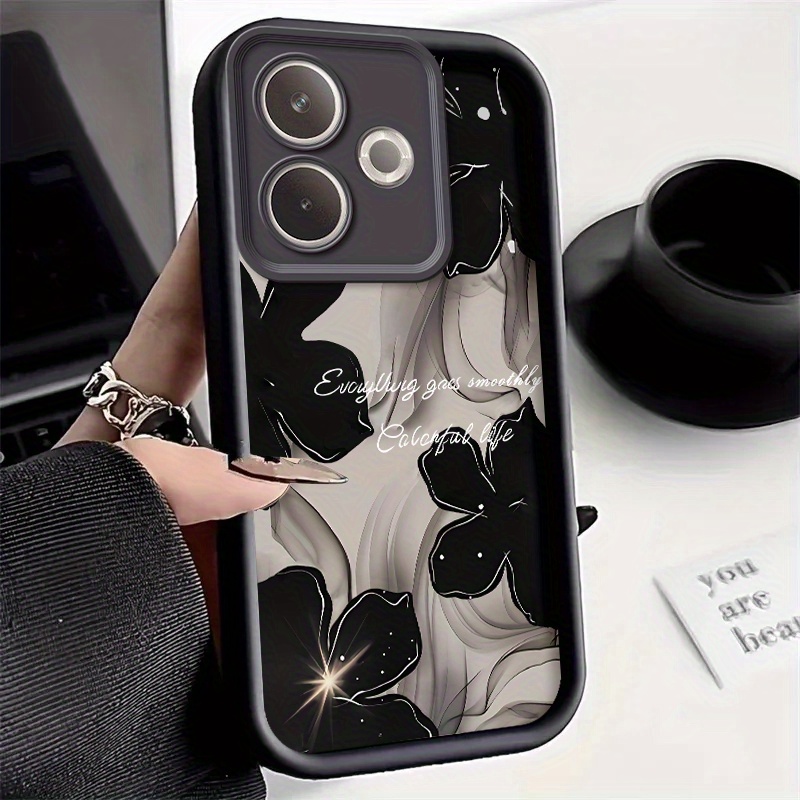 TEMU Black And White Ink Wash Flower Pattern Phone Case | Smoke Flower Phone Case | With Text And Glitter Accents | -drop Durable | Compatible