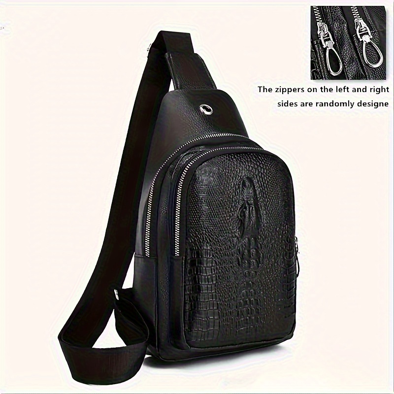 [Men's Chest Bag] Lightweight, Durable Men's Chest Bag | Stylish Crocodile Pattern with Earphone Hole | Black Animal Print Design, Polyester Lining, Hand Wash or Dry Clean for Outdoor Travel, Casual Outings, and Daily Use