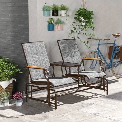 2 person outdoor glider bench patio swing glider chair loveseat with breathable mesh table for garden backyard porch gray