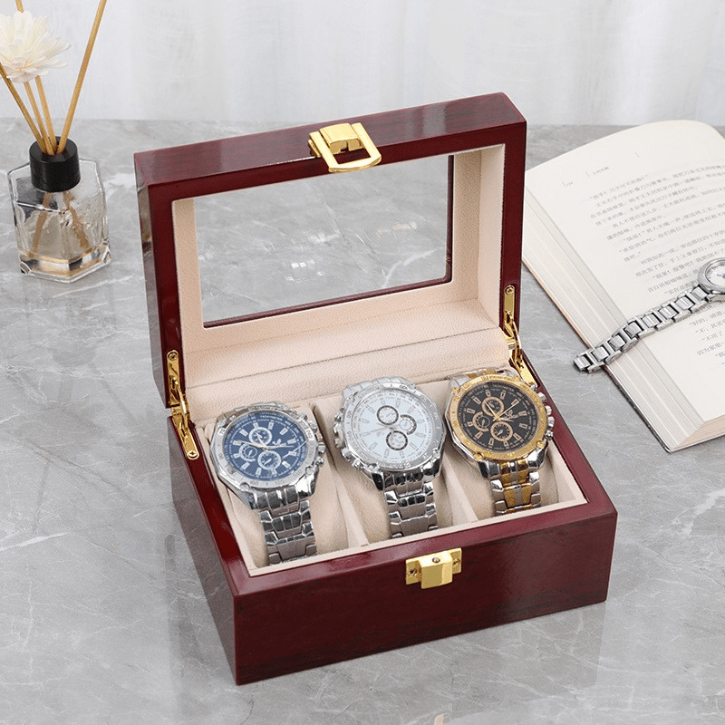 Wooden Watch Display Holder Box With Clear Lid 3 Compartments Watch Collection Organizer