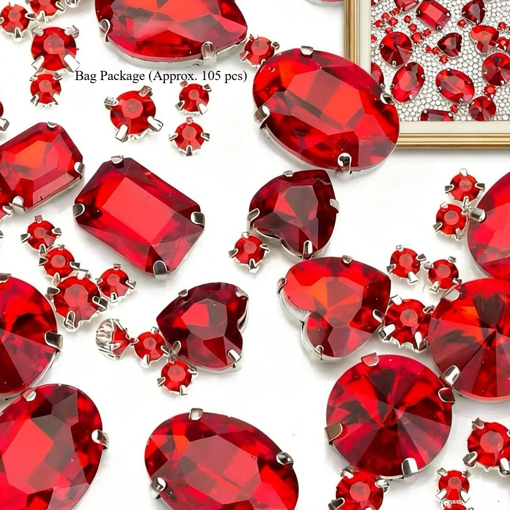 E-shop 105-tlg. rote aufnähbare Glas-Strasssteine, gemischte Formen, Metallkrallen für Valentinstag-Dekoration, DIY