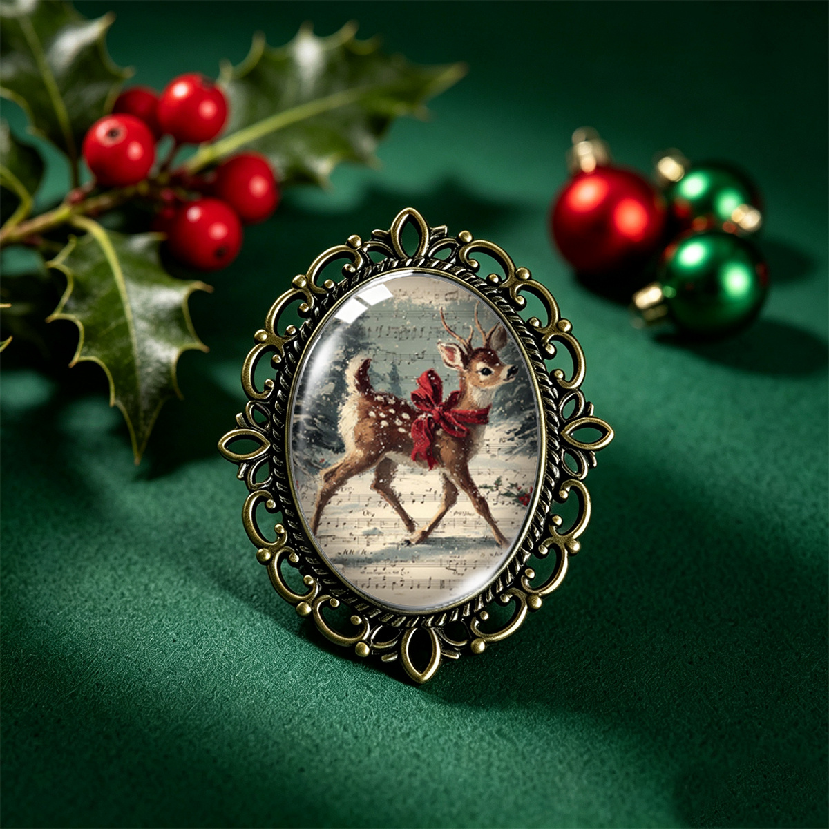 TEMU 1pc Oil Painting Deer Wearing Big Red Bow Walking In Snow Sheet Music Pattern Musical Artistic Christmas Style Vintage Bronze Oval Lace Glass