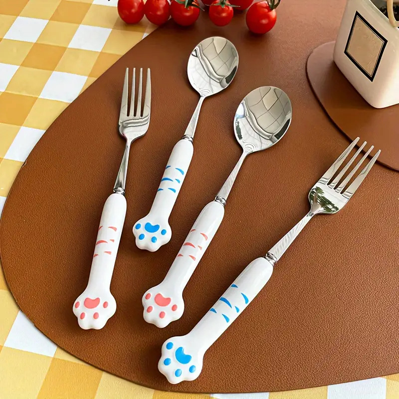 2pcs stainless steel outdoor cutlery set with cute paw-shaped case - portable & reusable forks & spoons with ergonomic handle,   print & heart cutouts for camping, picnic, travel - durable & hygienic, compact & lightweight, ideal for hiking, beach, outdoor dining - stylish & functional tableware for pet lovers, polished  ,   fork and spoon with paw  , cutlery camping Product details 6
