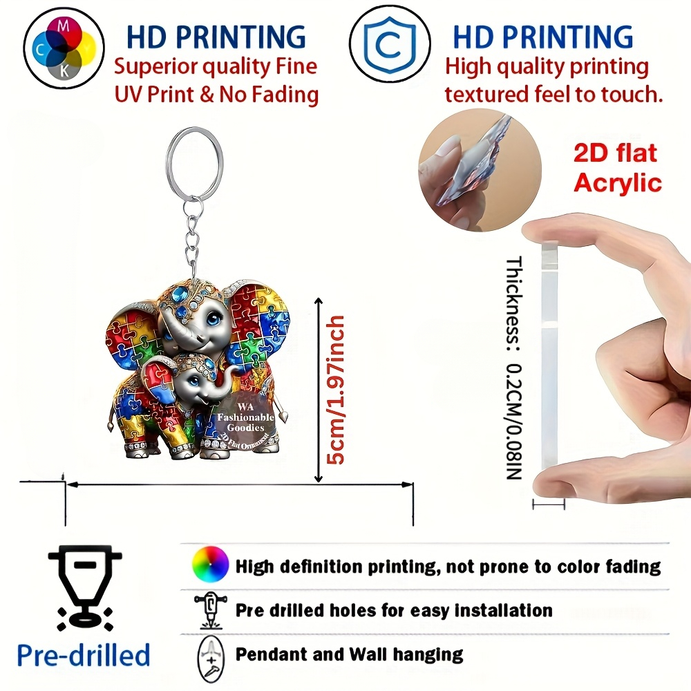 TEMU 2D Plat, 2D Plat - Acryl Sleutelhanger met Olifantenpatroon - Moederolifant, Perfect voor Sleutelhangers, Telefoonbedels, Rugzak Hangertjes,