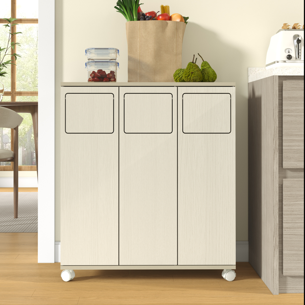 Trash Can, Three-compartment Trash Collection Can, Three-door Trash Sorting Can, With White Casters, Suitable For Kitchens And Dining Rooms, Dimensions: 69.3x35x80cm
