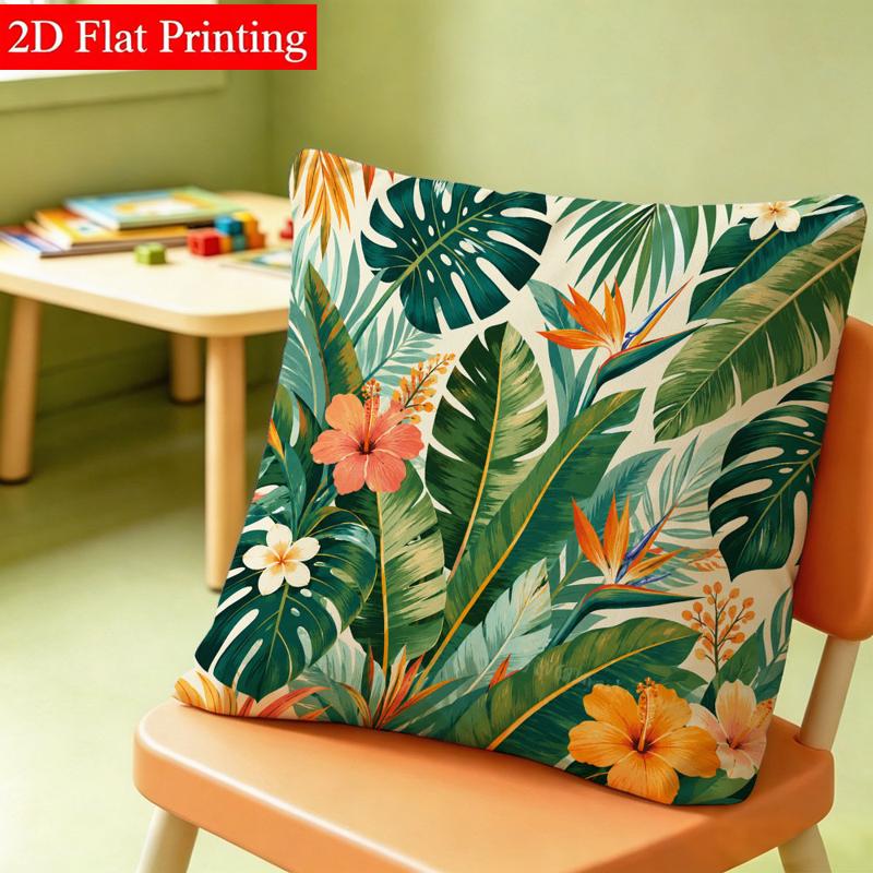 TEMU Tropical Floral Decorative Pillowcase, 45*45 Double - Sided Printed, 2d Flat Printing, Vibrant Palm Leaves & Hibiscus Pattern, For Bright Indoor