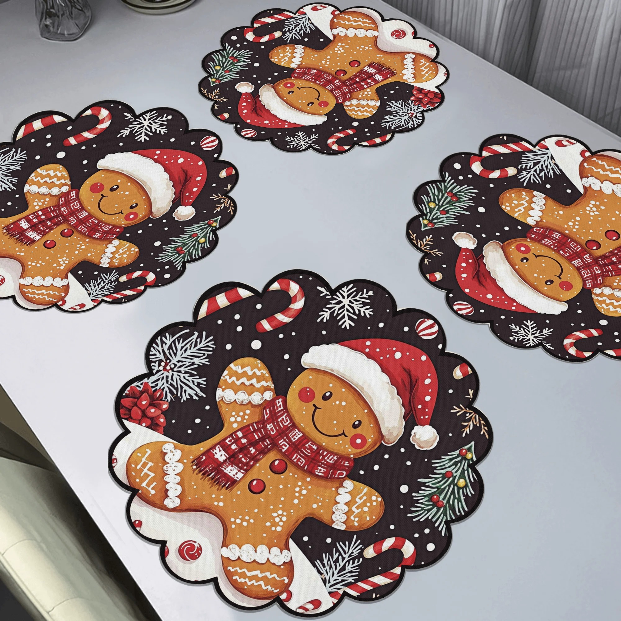 

4pcs Winter Gingerbread For Man Pattern Round Placemats, Winter Placemats, Non-slip Knit Fabric Table Mats, Heat Resistant, Only, Winter Decor For Dining & Party - 15