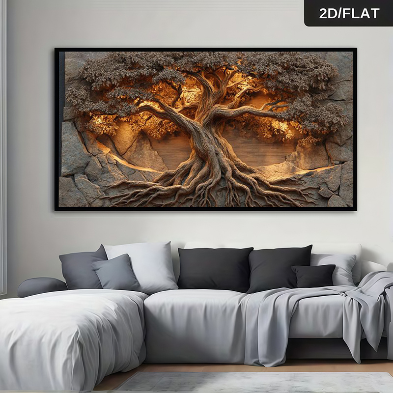 TEMU 2d Flat, [2d Flat] Wall DÃ©cor - 1 Extra Large Modern Abstract Tree Of Life Canvas Wall Art, Frameless Large Wall Decoration Poster, Golden And