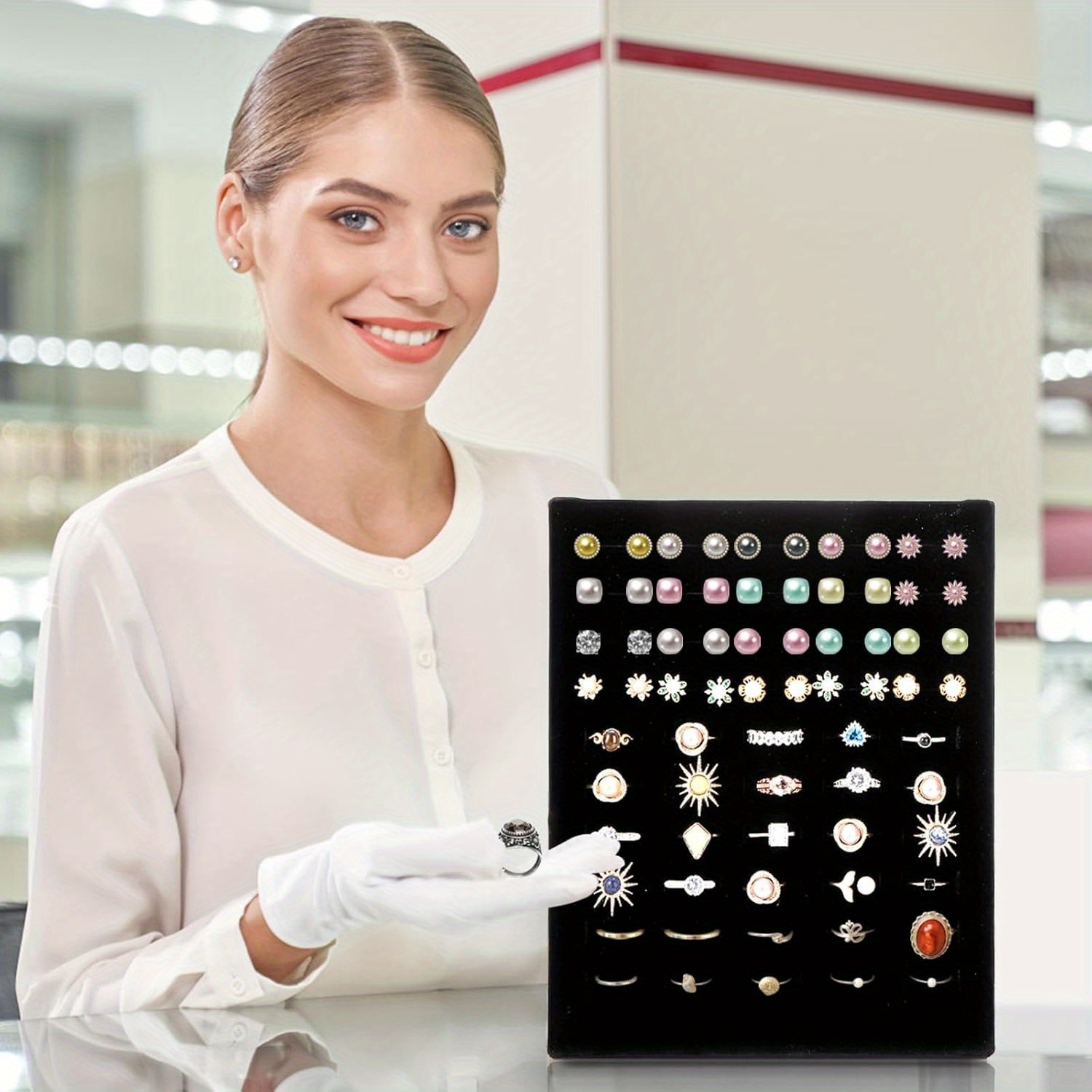   3 pack l shaped jewelry display stands with 60 slots black velvet lined plastic ring organizer trays for earrings rings bracelets desktop retail store home storage earring arrangement   design durable construction jewelry trays Product details 4