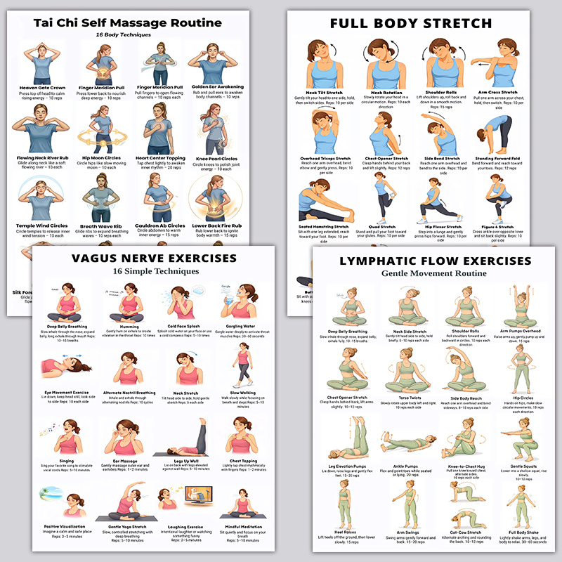 TEMU 4-delige posterenset voor de oefeningen, volledige lichaamsrek, lymfestroom, tai chi, massage, muurkunstprints, wellnessdiagram, thuisgym,