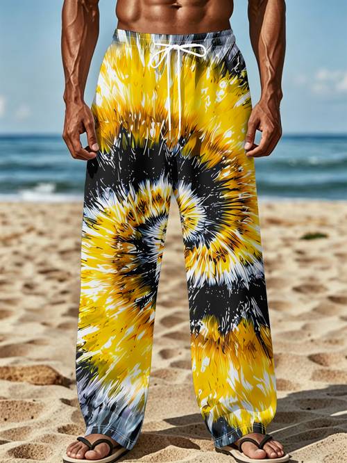 fashion print mens long pants yellow black white spiral pattern with pockets and drawstring straight fit casual trousers western trendy style