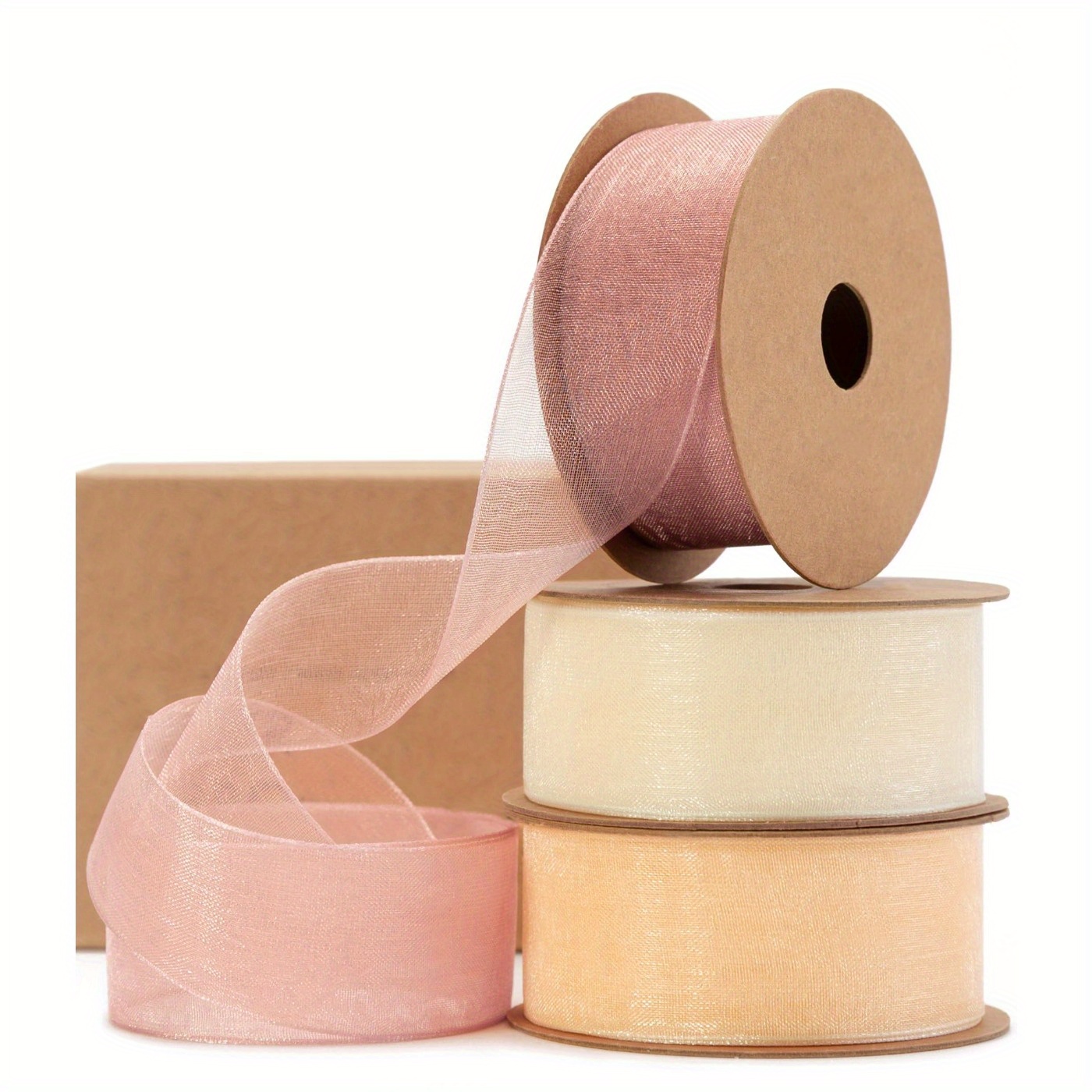 Image of 3 Rolls Of Sheer Ribbon In Cream And Rose Golden, Measuring 1 Inch By 30 Yards, Perfect For Handmade Gifts, Christmas Decorations, Bows, Wedding Invites, And Wreaths In A Peach Color
