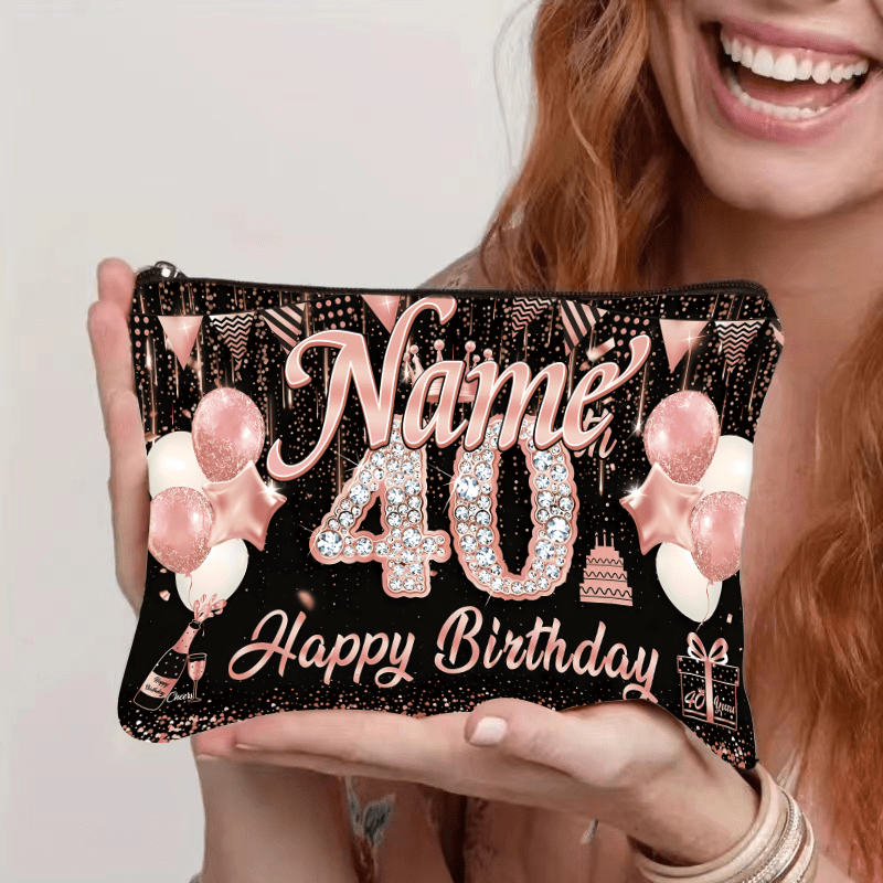 TEMU 1pc Personalized Name & Age Number 40 Makeup Bag - Custom 40th Gift For,, Party Favors, Name/number Personalization, Pink & Golden Glitter
