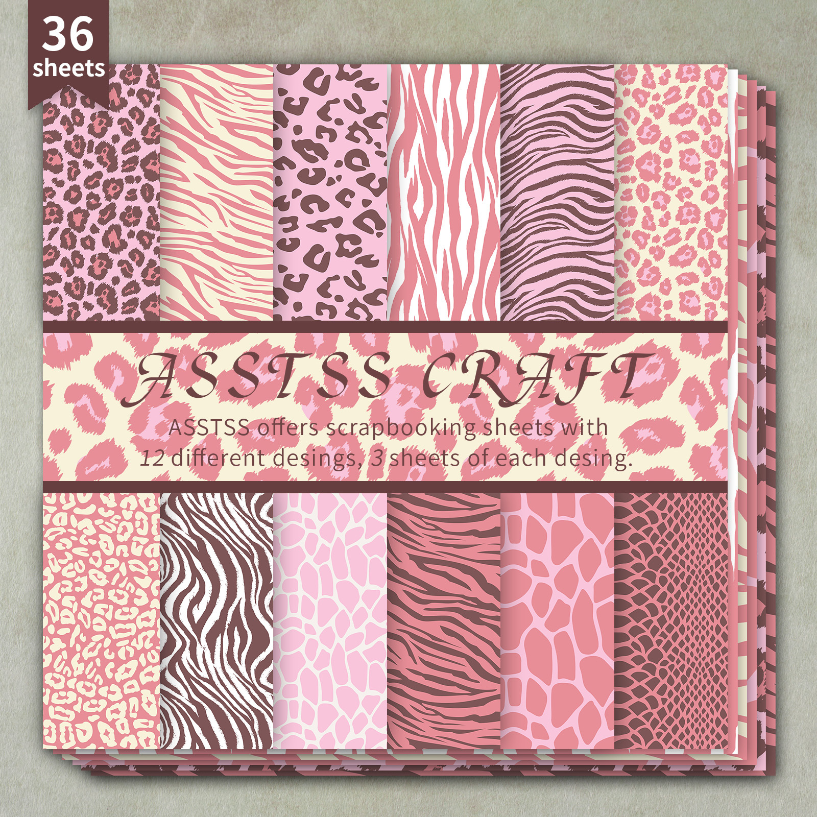TEMU Bloc de papier de scrapbooking ASSTSS 36 feuilles 6*6 pouces, papier de support minimaliste à imprimé animalier rose, papier cartonné épais pour