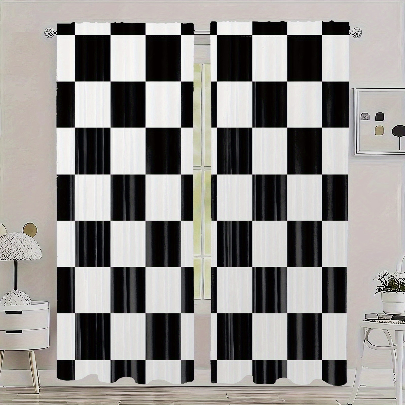 

2pcs Vintage Style Checkered Blackout Curtains, Polyester Rod Pocket Drapes For Living Room, Bedroom, Kitchen - Machine Washable, Semi-sheer, Sun Protection, Unlined, -120 Gsm