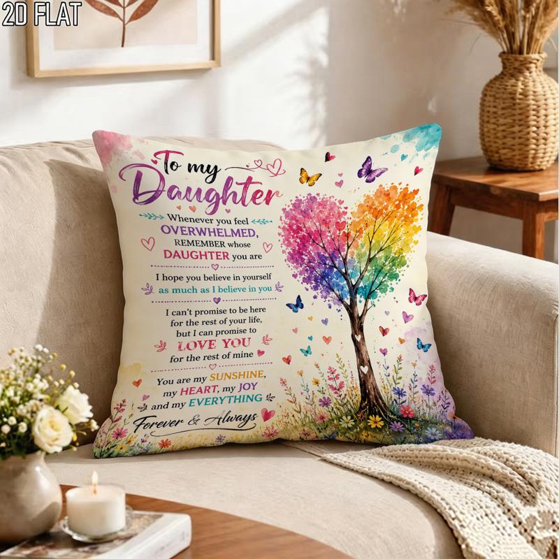 TEMU 1pc 2d Printed Double - Sided Pillowcase, Size 45x45cm, With Message To Daughter, Colorful Tree & Butterflies Pattern, For Living Room, Bedroom,