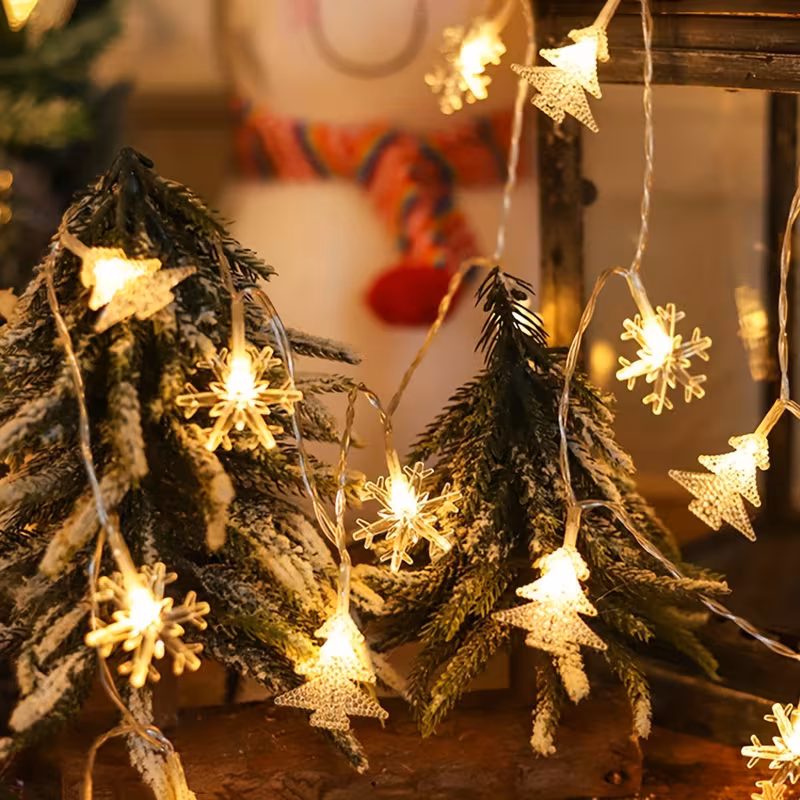 1 set of snowflake and christmas tree shaped led string lights plastic material battery powered batteries not included suitable for decorations for christmas thanksgiving new year and weddings Product details 0