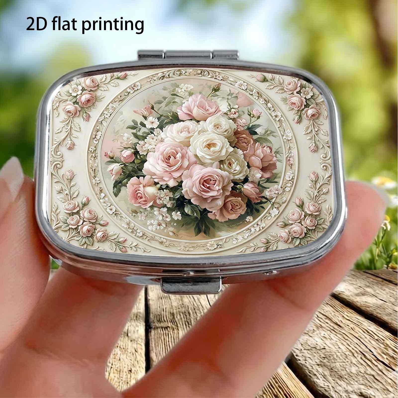 TEMU 1pc, 2d Flat, Lace Border With Multi-layered Pink And White Roses In A Vintage Floral Pattern, -compartment Small Pill Organizer, Portable