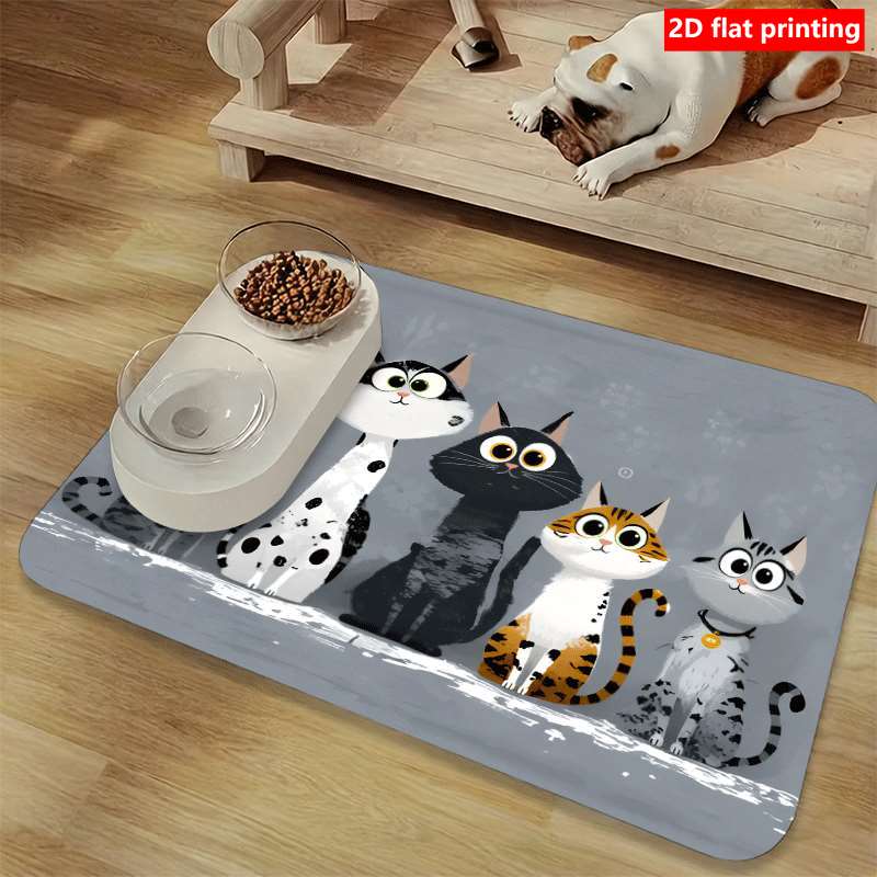 TEMU 2d Flat Printing 1pc Anti-slip Gray Base 5 Cute Cats Queue Pet Feeding Mat, Cute Design, Leak-proof And Easy To , Preventing Contamination.