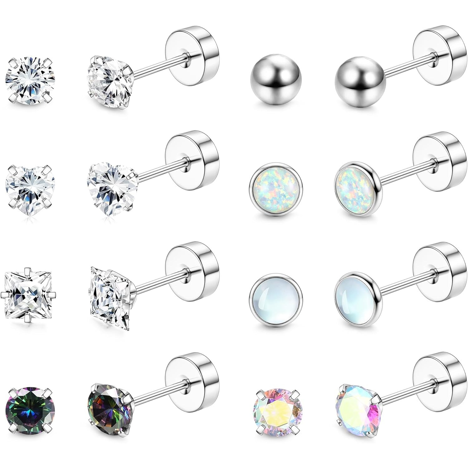 Image of 2d Flat - 8 Pairs 316l Surgical Steel Earrings For Women 20g 8pairs Flat Back Stud Earrings For Sensitive Ears Tiny Cz Opal Ball Heart Helix Hypoallergenic Cartilage Piercing Jewelry
