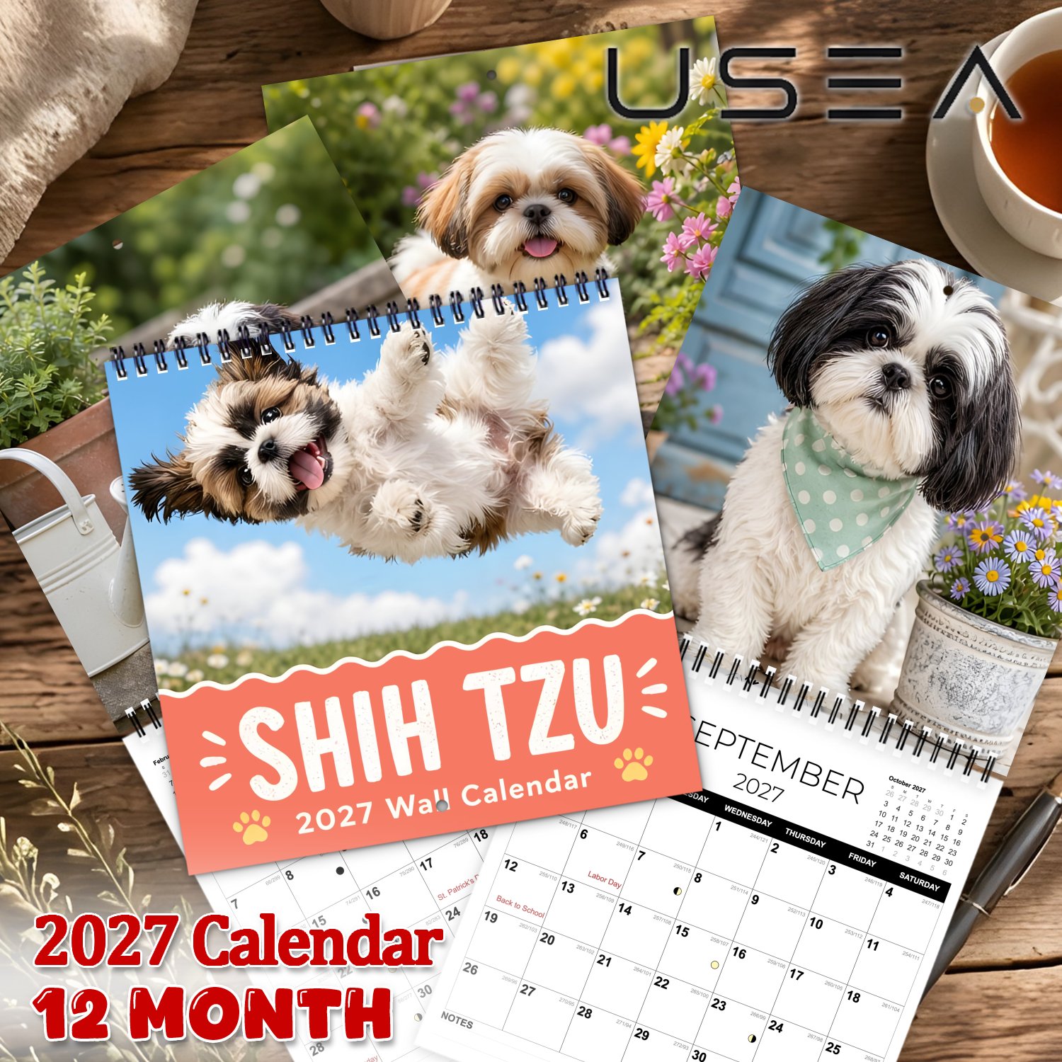 TEMU Calendrier mural 2027, Calendrier mural à suspendre Shih Tzu 2027, Reliure spirale à double fil, Organisateur annuel et planificateur mensuel de