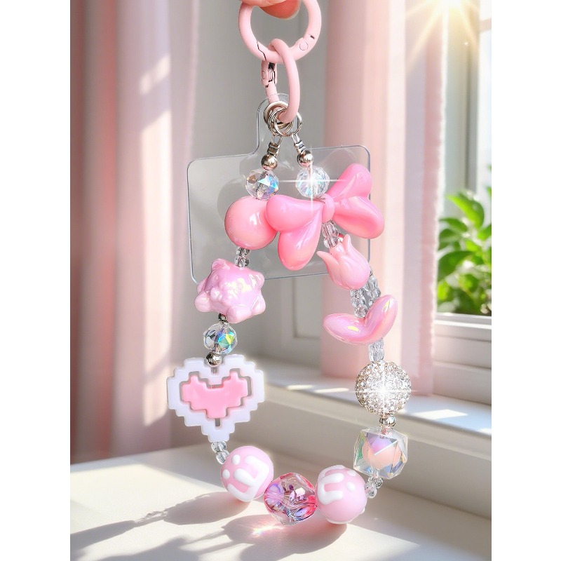 TEMU 1pc Kawaii Beaded Phone Charm, Bow Heart Pendant Phone Lanyard For Phone Case, Bag, Backpack, Keys