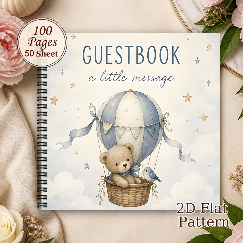 TEMU 1pc Aesthetic Hot Air Balloon & Teddy Bear Guestbook With Signature Pages - Suitable For Baptism, Graduation, Wedding Shower, Retirement -