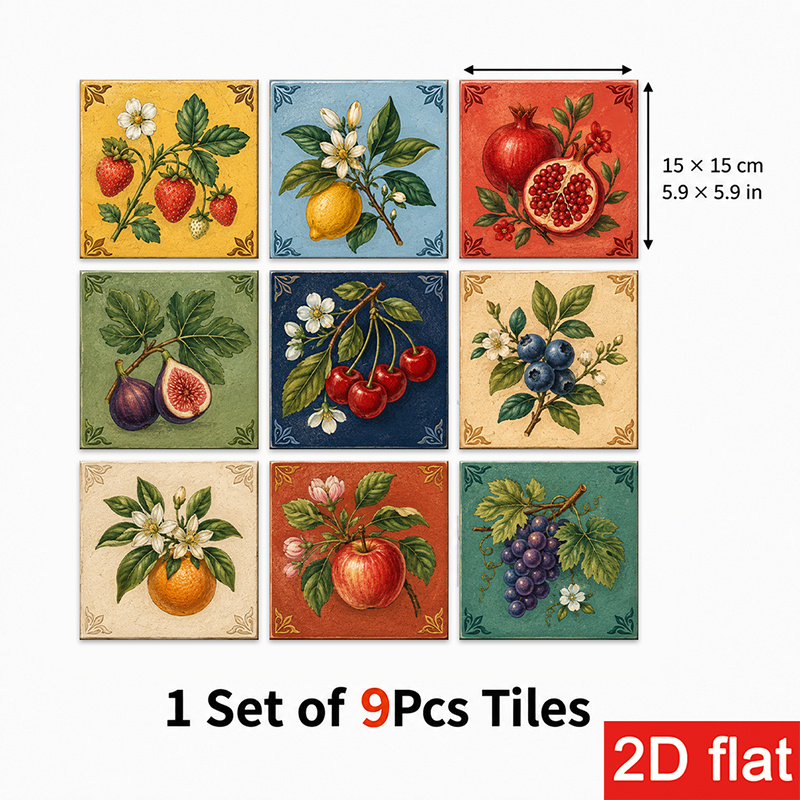 TEMU 2D Platte 9 stuks 15X15Cm (5.9X5.9In) Kiezelsteen Stickers Premium - Kleurrijke Vintage Bloem Motief Wandtegels, Zelfklevende Stickers om te