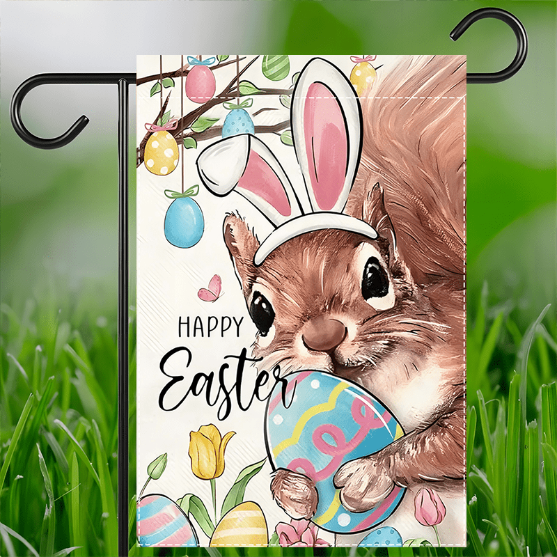 

1pc Squirrel Garden Flag - 12x18in Double-sided, Waterproof Burlap With & Egg Design, Spring Outdoor Decoration, No Flagpole Required,