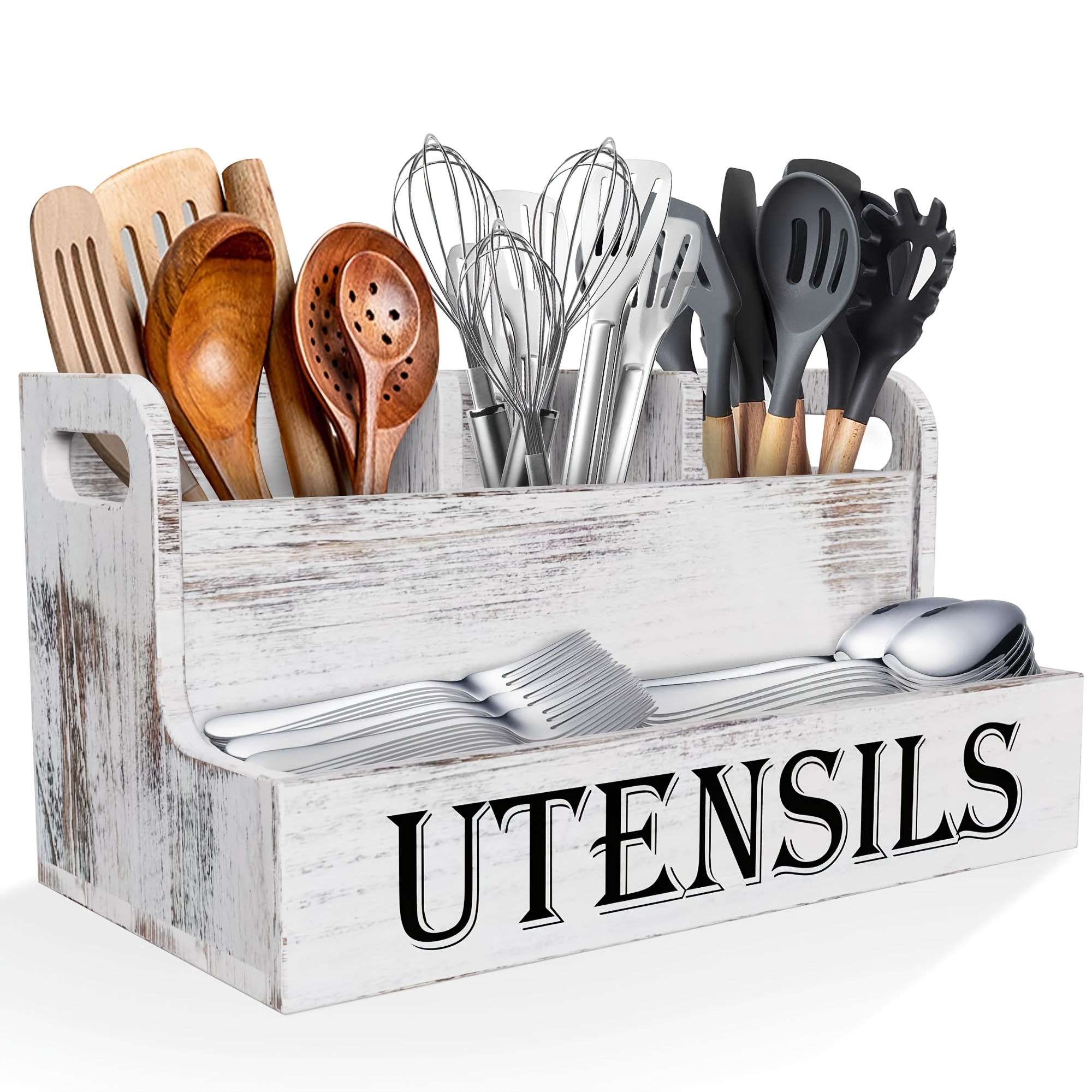 E-shop Holz Besteckablage mit 4 Fächern, Retro Bauernhaus-Stil Küchenarbeitsplatten-Organizer für Besteck, Rustikale Kochutensilien Aufbewahrungsbox,