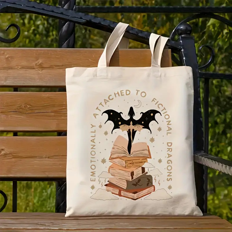 TEMU Sac à main pour femme avec imprimé dragon - Grand sac à bandoulière pliable en toile avec motif de livre de fantaisie et de chauve-souris, sac